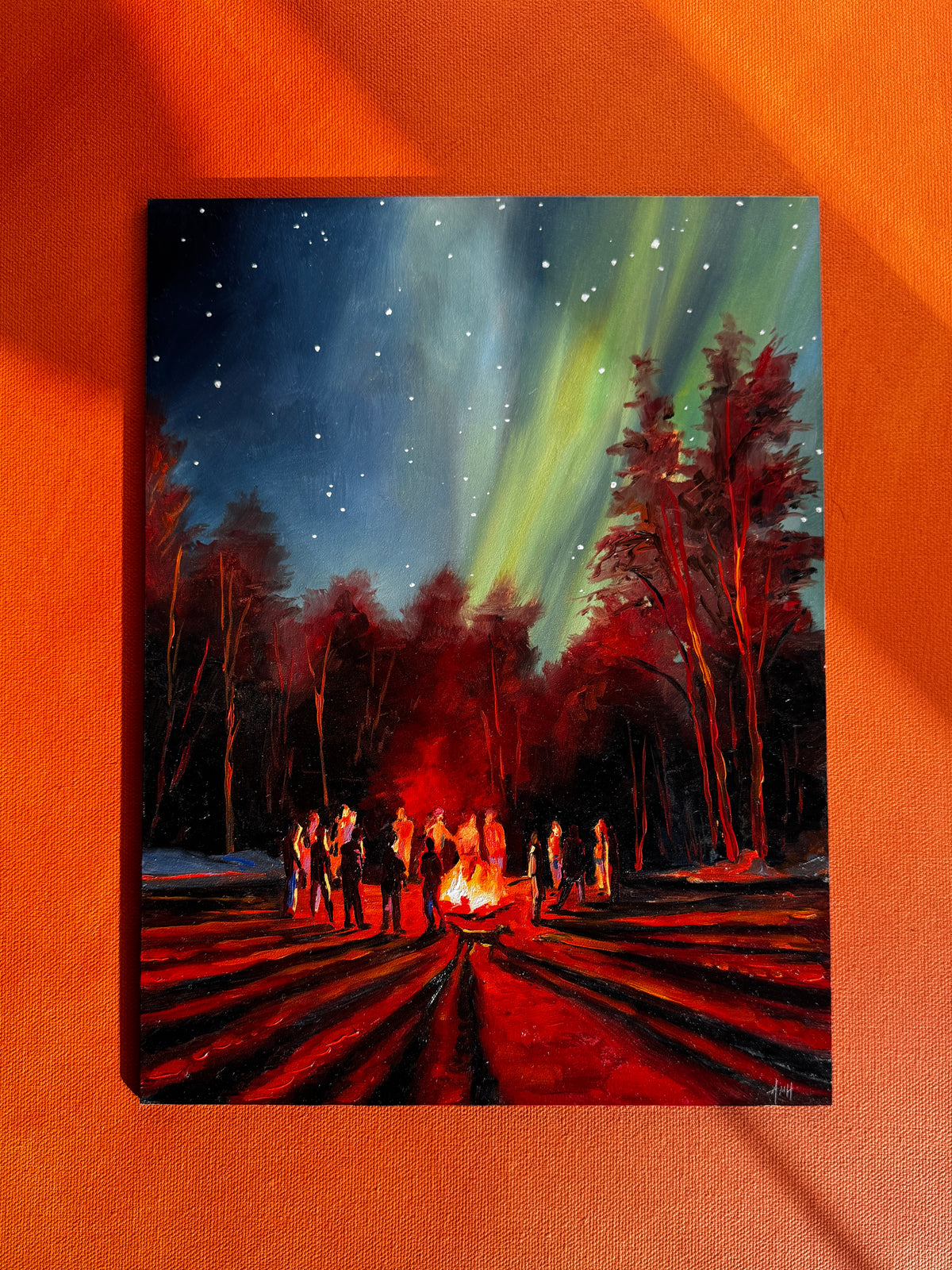ORIGINAL "Firelight and Northern Lights" 9x12 in