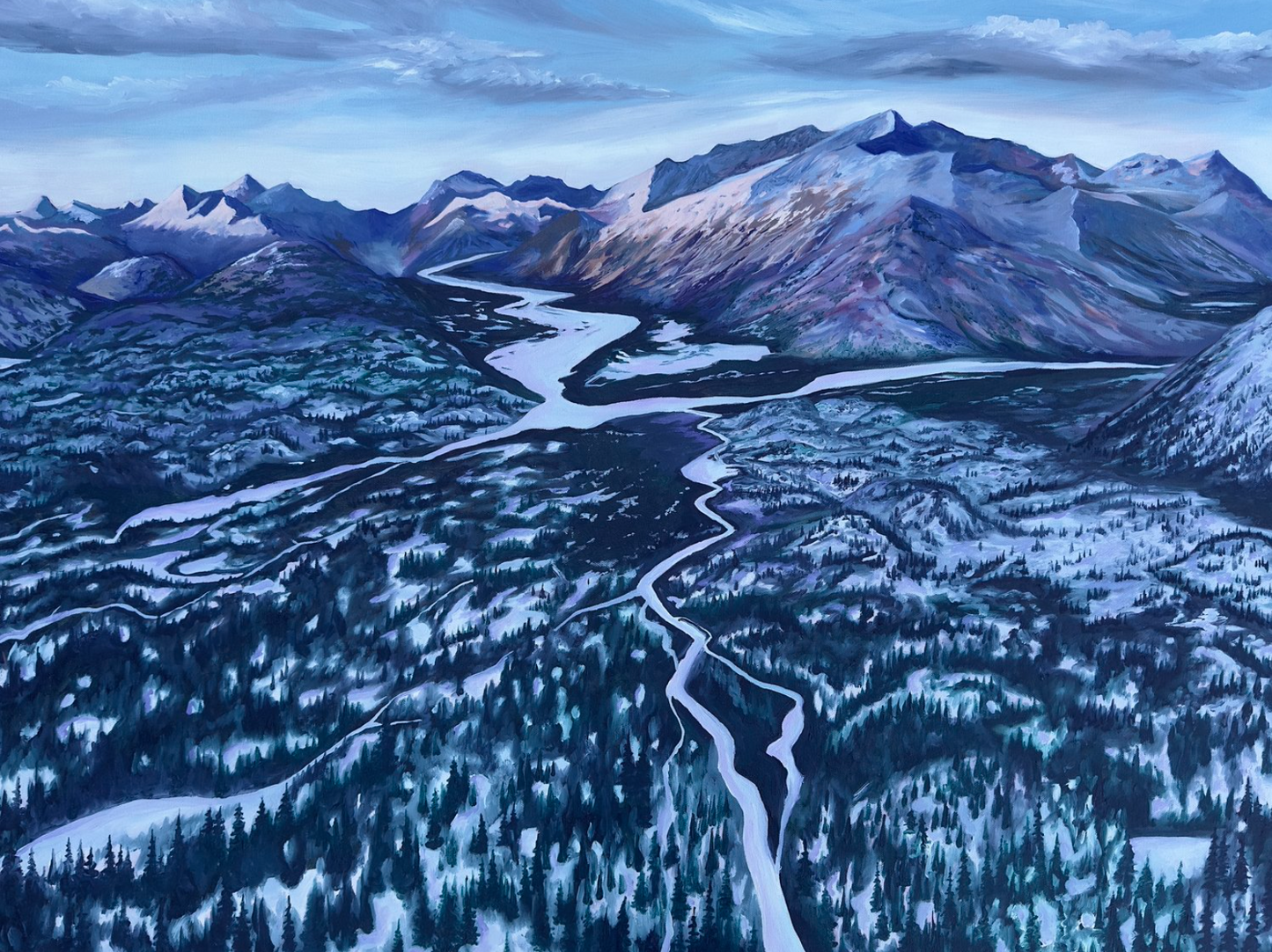 Landscape painting of Lake Clark in Alaska, surrounded by the Neacola and Chigmit Mountains. By artist AnnMarie Henderson.