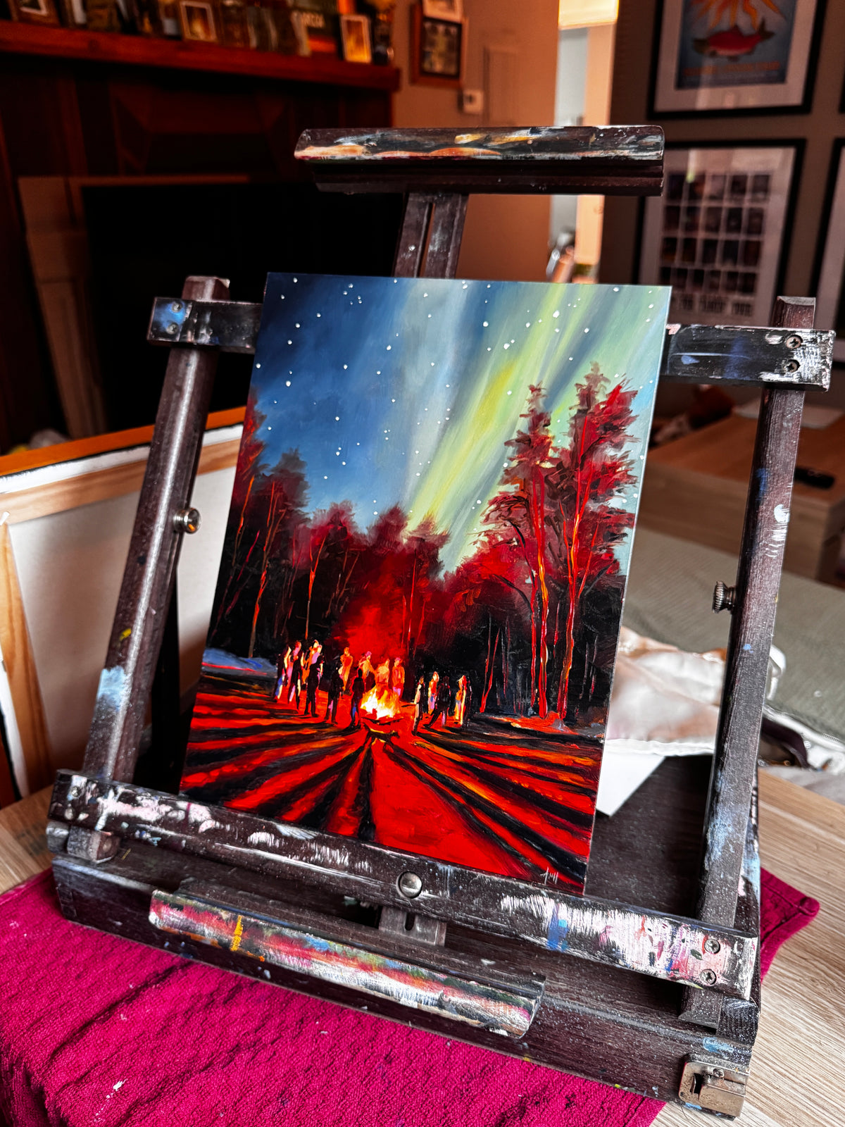 ORIGINAL "Firelight and Northern Lights"  9x12 in