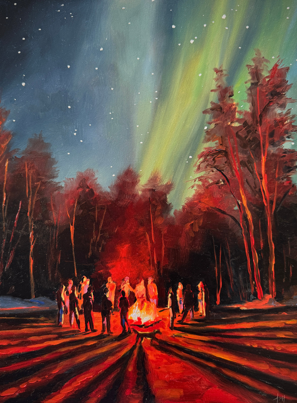 ORIGINAL "Firelight and Northern Lights"  9x12 in