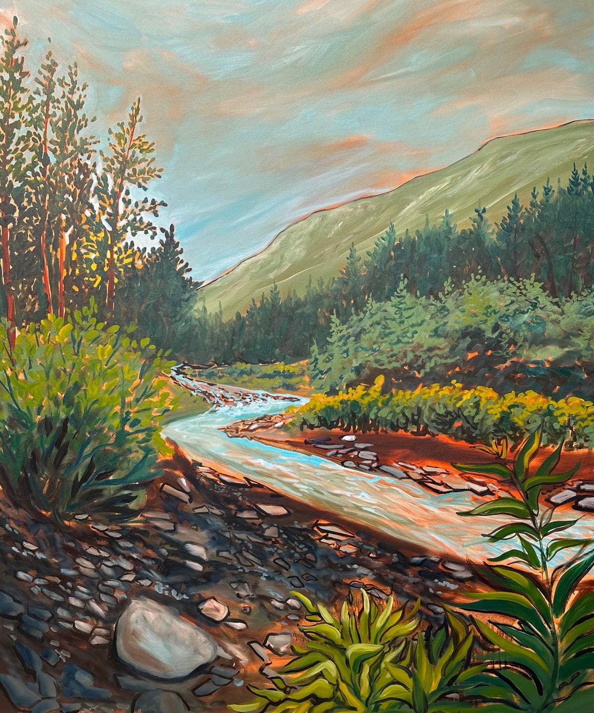 Landscape Painting showing Crow Creek, surrounded by plants and trees, in Anchorage Alaska. By artist AnnMarie Henderson.