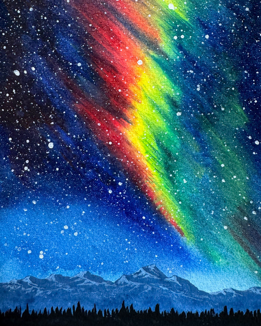Colorful rainbow-like arch in a night sky with stars and mountains at the base.